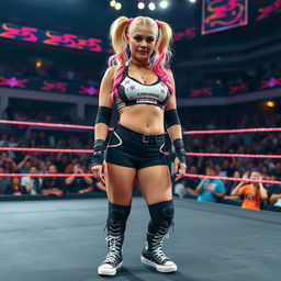A female wrestler resembling Alexa Bliss, standing confidently in a wrestling ring, wearing stylish converse high tops