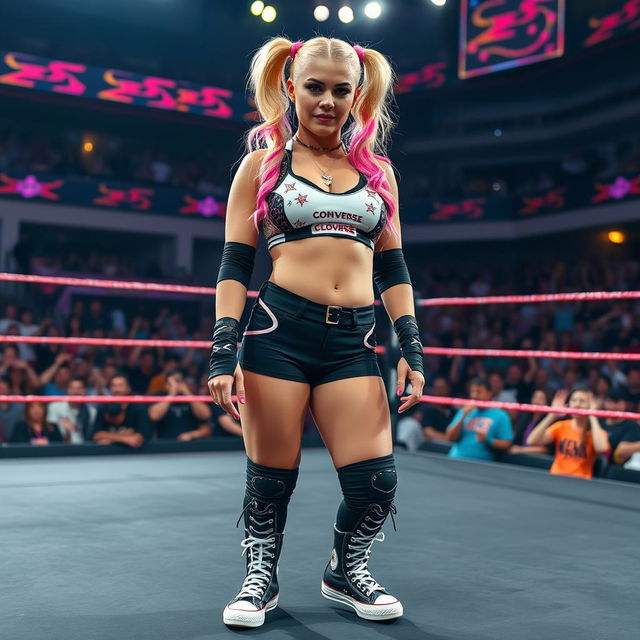 A female wrestler resembling Alexa Bliss, standing confidently in a wrestling ring, wearing stylish converse high tops
