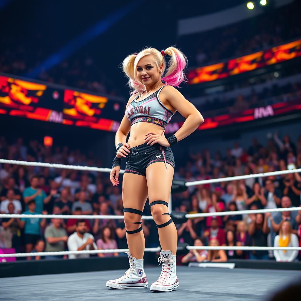 A female wrestler resembling Alexa Bliss, standing confidently in a wrestling ring, wearing stylish converse high tops
