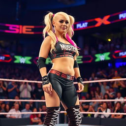 A female wrestler resembling Alexa Bliss, standing confidently in a wrestling ring, wearing stylish converse high tops