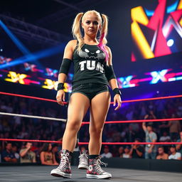A female wrestler resembling Alexa Bliss, standing confidently in a wrestling ring, wearing stylish converse high tops