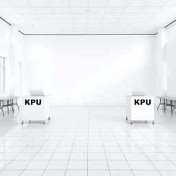 A background image of a KPU polling station featuring clean white walls and white tiled floors
