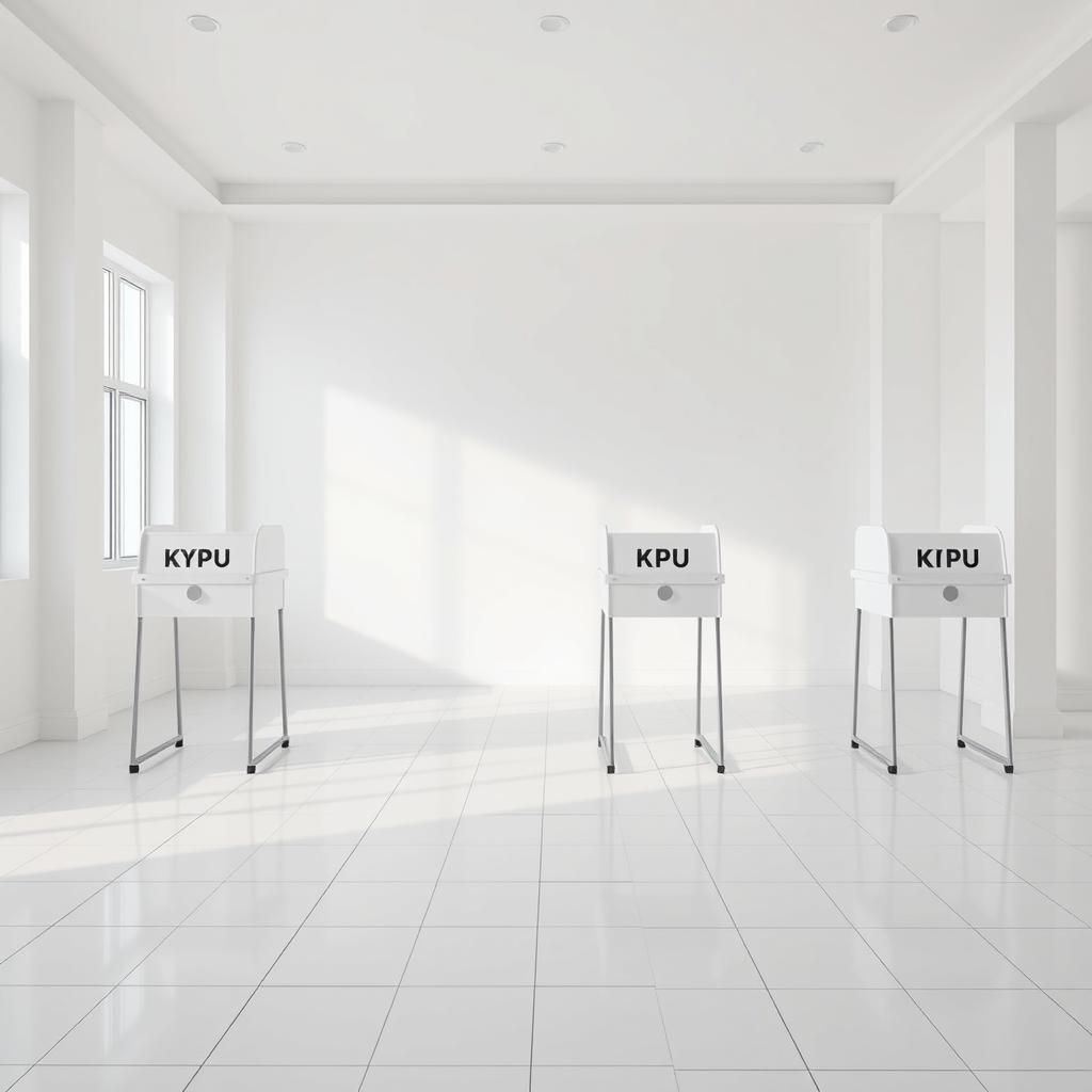 A background image of a KPU polling station featuring clean white walls and white tiled floors