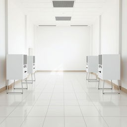 A background image of a KPU polling station featuring clean white walls and white tiled floors
