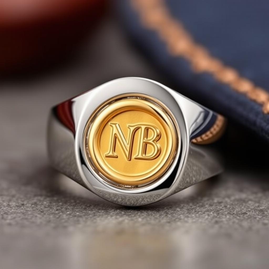 A stylish men's silver ring featuring an ornate gold seal engraved with the letters 'NB'