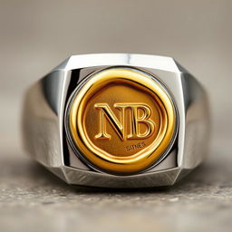 A stylish men's silver ring featuring an ornate gold seal engraved with the letters 'NB'