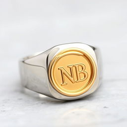 A stylish men's silver ring featuring an ornate gold seal engraved with the letters 'NB'