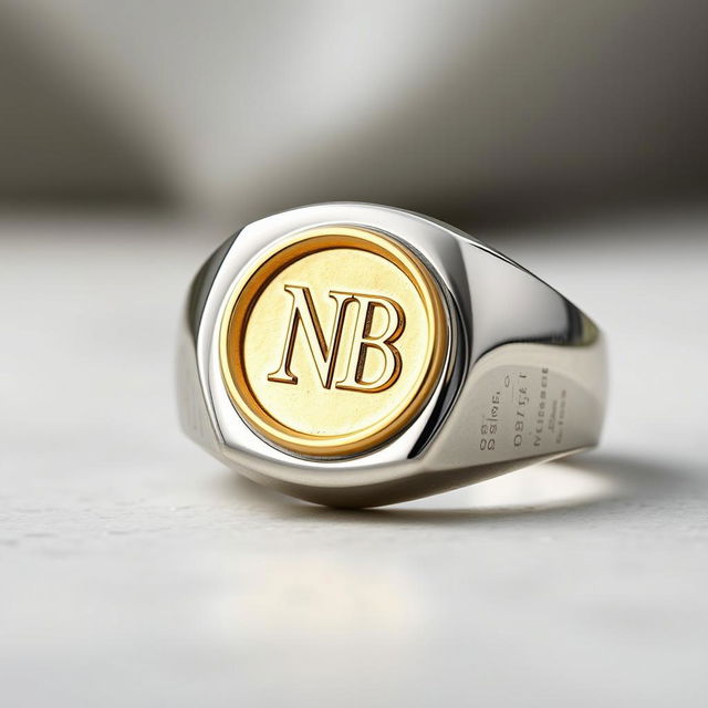 A stylish men's silver ring featuring an ornate gold seal engraved with the letters 'NB'