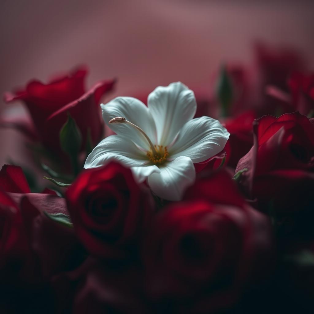 A melancholic scene featuring a delicate white flower lying among vibrant red roses