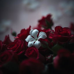 A melancholic scene featuring a delicate white flower lying among vibrant red roses