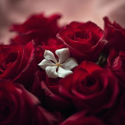 A melancholic scene featuring a delicate white flower lying among vibrant red roses