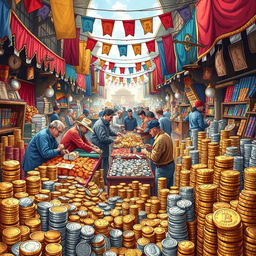 A vivid, detailed illustration of a bustling marketplace filled with various types of coins, showcasing the theme of wholesale coin trading