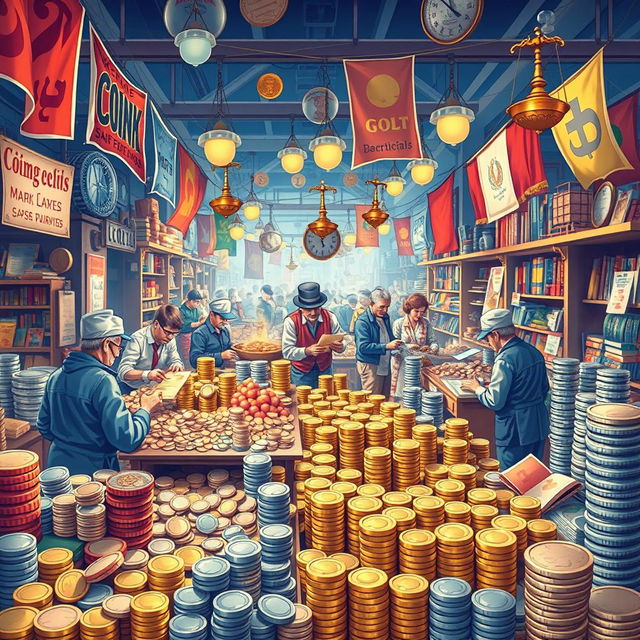 A vivid, detailed illustration of a bustling marketplace filled with various types of coins, showcasing the theme of wholesale coin trading