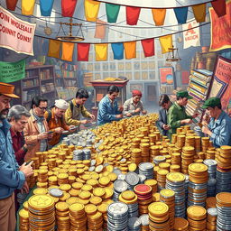 A vivid, detailed illustration of a bustling marketplace filled with various types of coins, showcasing the theme of wholesale coin trading