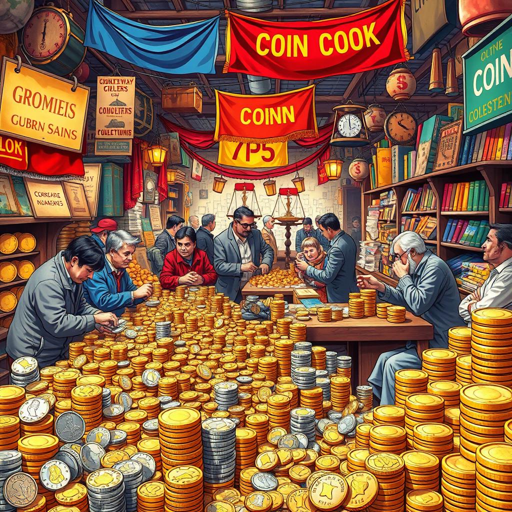 A vivid, detailed illustration of a bustling marketplace filled with various types of coins, showcasing the theme of wholesale coin trading