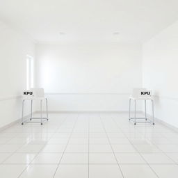 A serene background image depicting a KPU polling station interior, featuring clean white walls and white tiled floors, creating a bright and open atmosphere