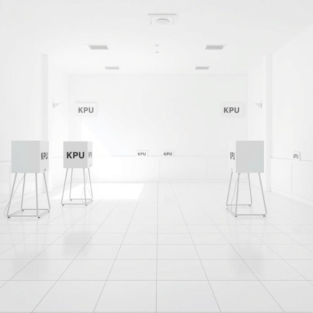 A serene background image depicting a KPU polling station interior, featuring clean white walls and white tiled floors, creating a bright and open atmosphere