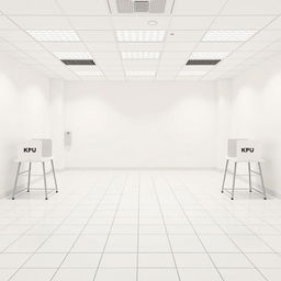 A serene background image depicting a KPU polling station interior, featuring clean white walls and white tiled floors, creating a bright and open atmosphere
