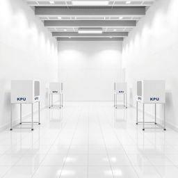 A serene background image depicting a KPU polling station interior, featuring clean white walls and white tiled floors, creating a bright and open atmosphere
