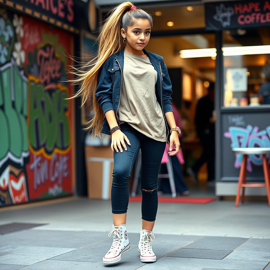 Ariana Grande casually styled, wearing trendy Converse high tops