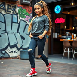 Ariana Grande casually styled, wearing trendy Converse high tops