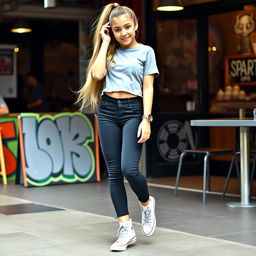 Ariana Grande casually styled, wearing trendy Converse high tops
