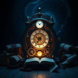 A beautifully designed time machine clock, featuring intricate gears and mechanisms, glowing softly in a dark room