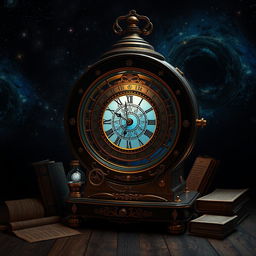A beautifully designed time machine clock, featuring intricate gears and mechanisms, glowing softly in a dark room