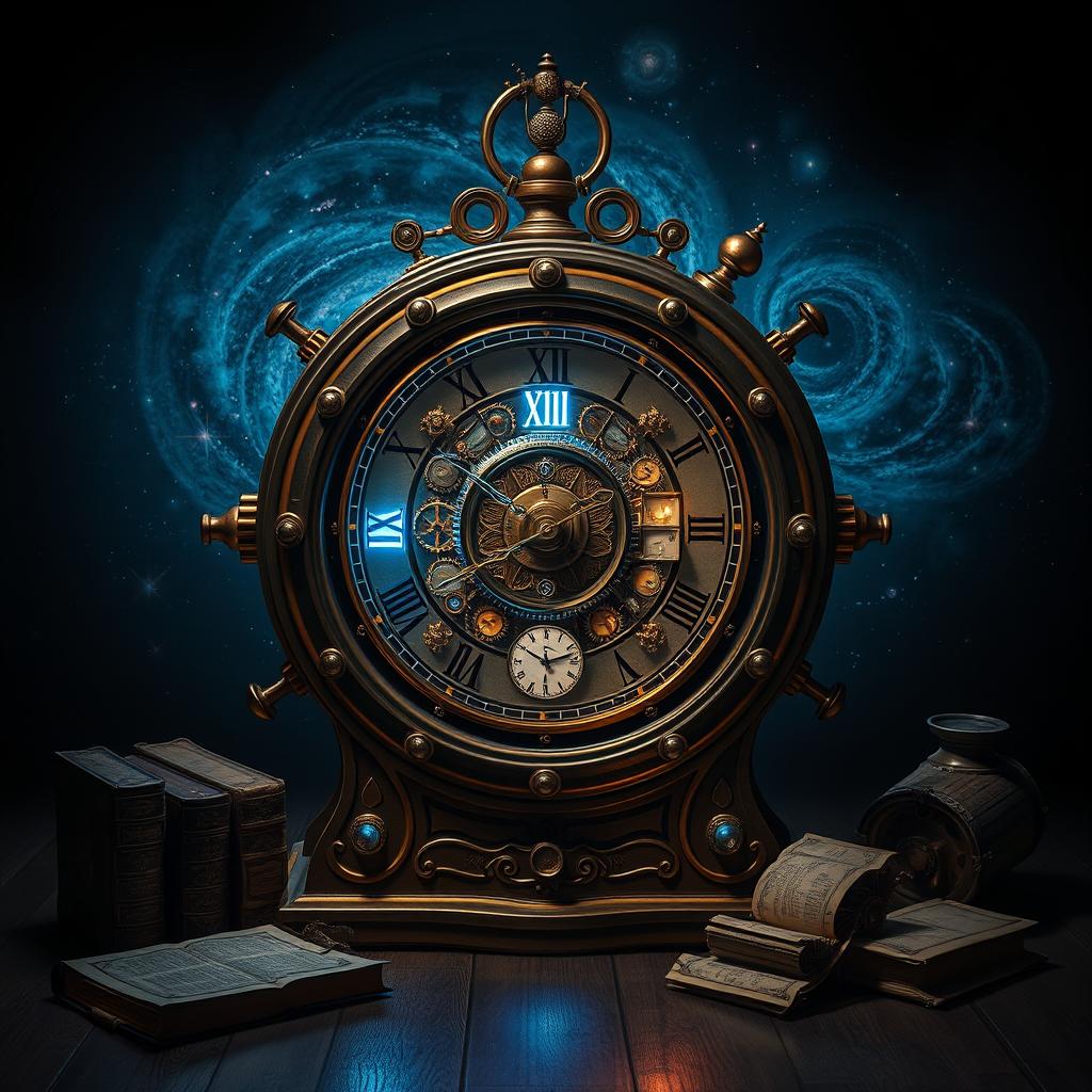 A beautifully designed time machine clock, featuring intricate gears and mechanisms, glowing softly in a dark room