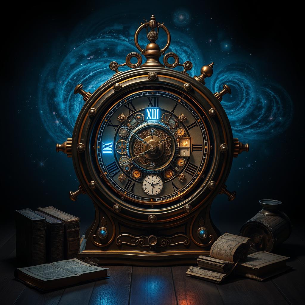 A beautifully designed time machine clock, featuring intricate gears and mechanisms, glowing softly in a dark room