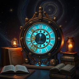 A beautifully designed time machine clock, featuring intricate gears and mechanisms, glowing softly in a dark room