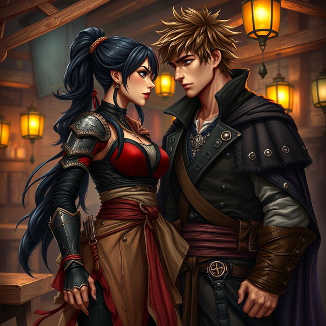 A captivating fantasy character couple depicted in a vibrant tavern setting