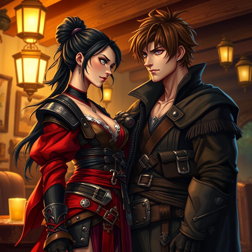 A captivating fantasy character couple depicted in a vibrant tavern setting