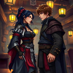 A captivating fantasy character couple depicted in a vibrant tavern setting