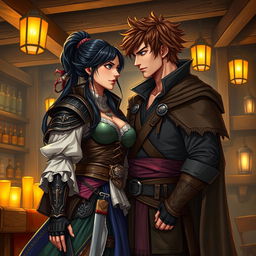 A captivating fantasy character couple depicted in a vibrant tavern setting
