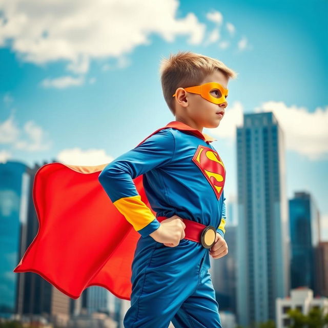 A dynamic side view of a young superhero boy in a vibrant superhero suit with a flowing cape, showcasing his confident stance and determined expression