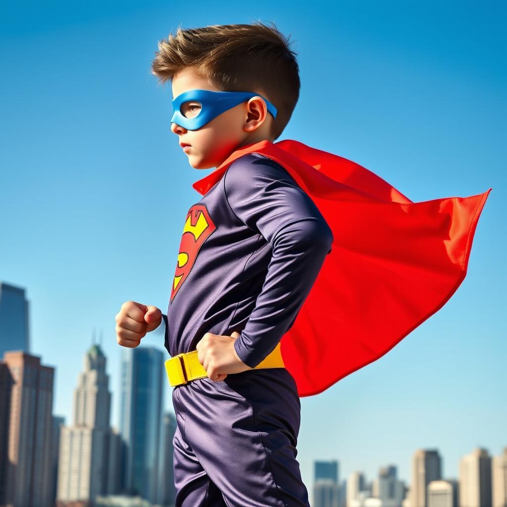 A dynamic side view of a young superhero boy in a vibrant superhero suit with a flowing cape, showcasing his confident stance and determined expression