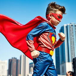 A dynamic side view of a young superhero boy in a vibrant superhero suit with a flowing cape, showcasing his confident stance and determined expression