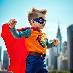 A dynamic side view of a young superhero boy in a vibrant superhero suit with a flowing cape, showcasing his confident stance and determined expression