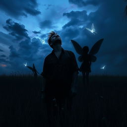 A father standing in a dark field, looking up at the sky with a desperate expression