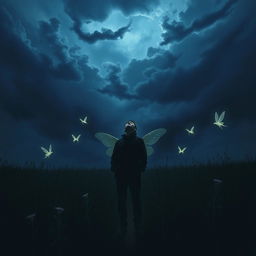 A father standing in a dark field, looking up at the sky with a desperate expression