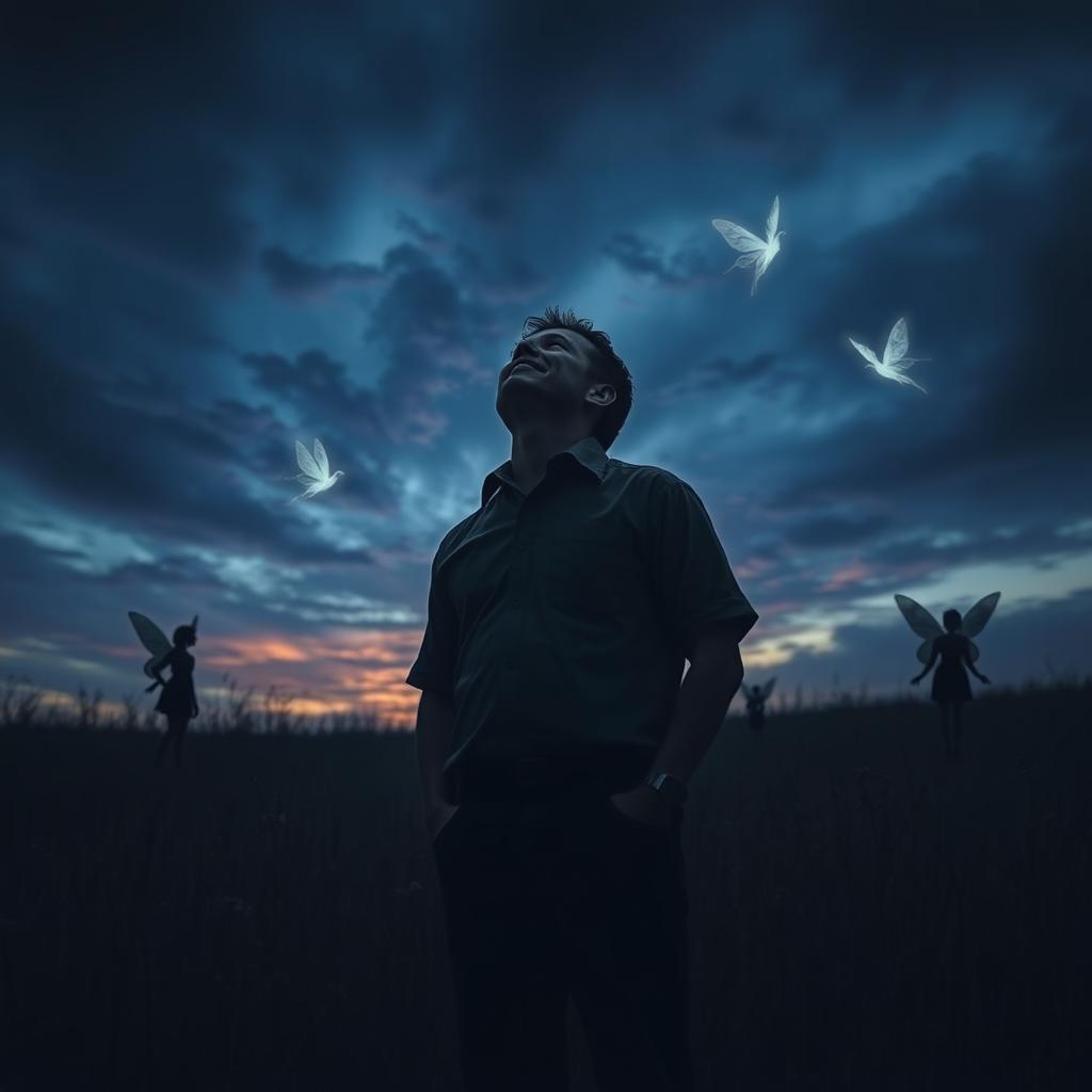 A father standing in a dark field, looking up at the sky with a desperate expression