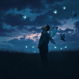 A father standing in a dark field, looking up at the sky with a desperate expression