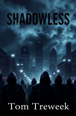 A dark and atmospheric book cover design for 'Shadowless' by Tom Treweek, depicting a mysterious urban landscape where criminals wander without shadows