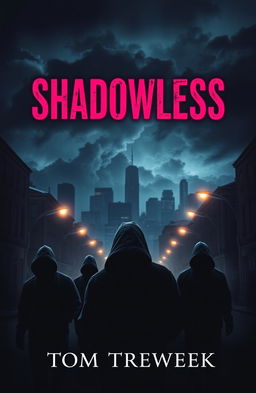 A dark and atmospheric book cover design for 'Shadowless' by Tom Treweek, depicting a mysterious urban landscape where criminals wander without shadows