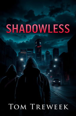 A dark and atmospheric book cover design for 'Shadowless' by Tom Treweek, depicting a mysterious urban landscape where criminals wander without shadows