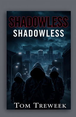 A dark and atmospheric book cover design for 'Shadowless' by Tom Treweek, depicting a mysterious urban landscape where criminals wander without shadows
