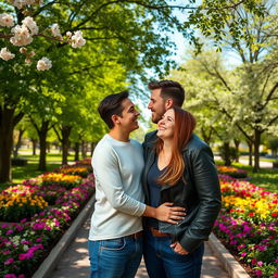 A beautiful couple standing closely together in a vibrant park filled with blooming flowers, lush green trees, and dappled sunlight filtering through the leaves