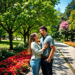 A beautiful couple standing closely together in a vibrant park filled with blooming flowers, lush green trees, and dappled sunlight filtering through the leaves
