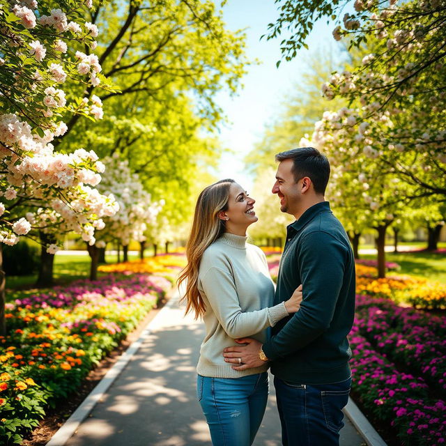 A beautiful couple standing closely together in a vibrant park filled with blooming flowers, lush green trees, and dappled sunlight filtering through the leaves